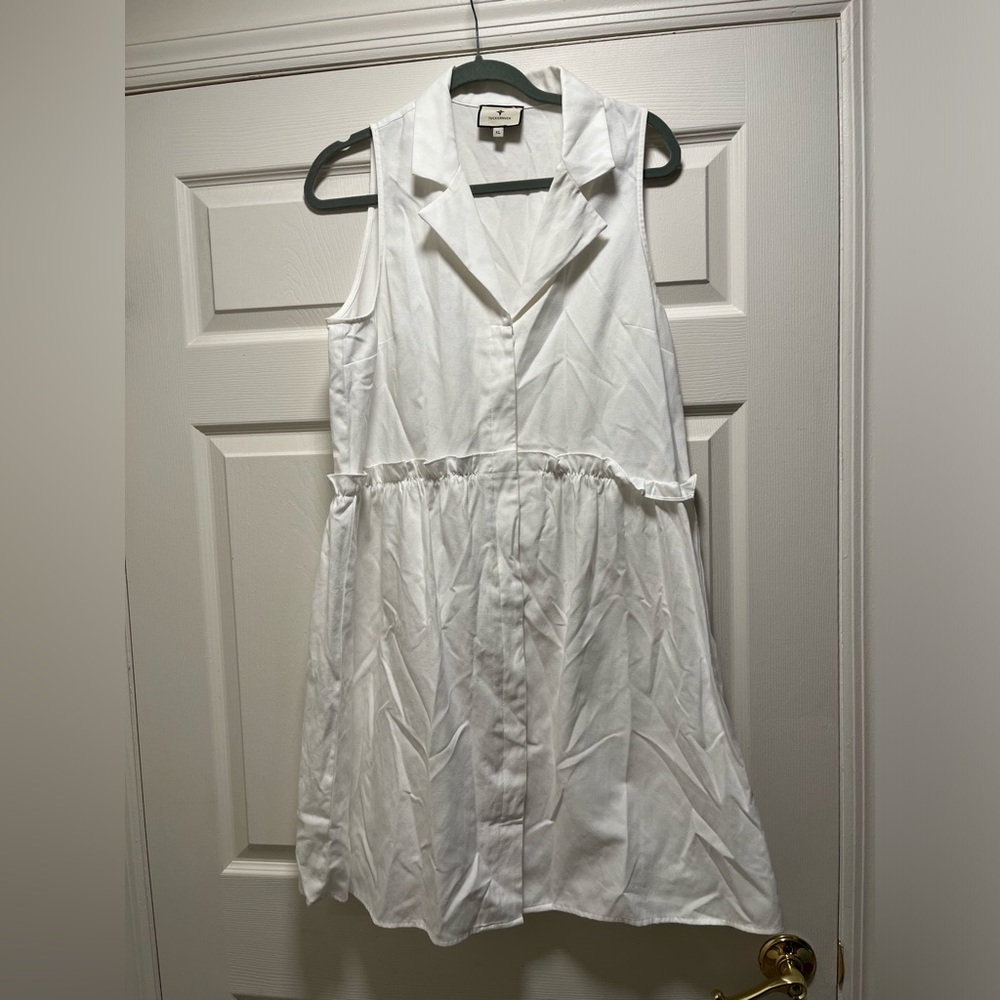 XL Tuckernuck Oxford White Sleeveless Royal Shirt Dress Ruffle Pockets